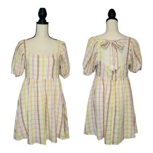Mable Dress Babydoll White Pastel Plaid Square Neck Puff Sleeves Tie Back Size M